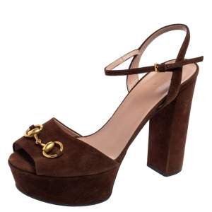 Pre Owned Gucci Brown Suede Claudie Horsebit Peep-Toe Platform Sandals Size 39.5 
