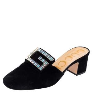 Pre Owned Gucci Black Velvet Madelyn Crystal G Mule Sandals Size 38