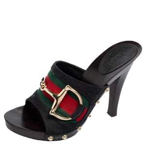 Pre Owned Gucci Black GG Canvas Icon Bit Web Clog Sandals Size 36