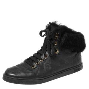 Gucci Black Guccissima Leather Cada Fur Trim High Top Sneakers Size 38.5