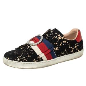 Pre Owned Gucci Black Lace Ace Web Crystal Embellished Sneakers Size 37