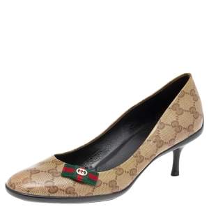 Pre Owned Gucci Beige/Brown GG Crystal Canvas Web Bow Pumps Size 39