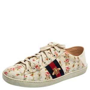 Gucci Cream Canvas And Leather Ace Low Top Sneakers Size 41