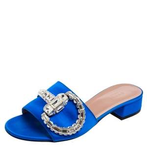 Pre Owned Gucci Blue Satin Maxime Crystal Icon Bit Open Toe Slides Sandals Size 37