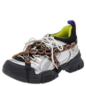 Gucci Multicolor Leather And Mesh Flashtrek Removable Crystals Sneakers Size 39
