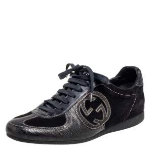 Gucci Black Suede And Lizard Embossed Leather Logo Low Top Sneakers Size 37
