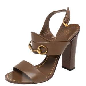 Pre Owned Gucci Brown Leather Horsebit Block Heel Slingback Sandals Size 37