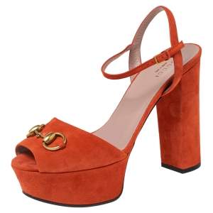 Pre Owned Gucci Orange Suede Horsebit Platform Ankle Strap Sandals Size 38