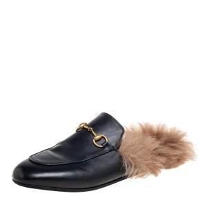 Pre Owned حذاء سلايد غوتشي برينستون فرو وجلد أسود مقاس 37.5