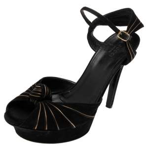 Gucci Black Suede Knot Detail Peep Toe Platform Sandals Size 38.5