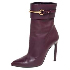 Pre Owned Gucci Burgundy Leather Horsebit Ursula Mid-Calf Boots Size 38.5