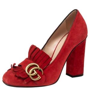 Pre Owned Gucci Red Suede Leather GG Marmont Fringe Detail Block Heel Pumps Size 36.5