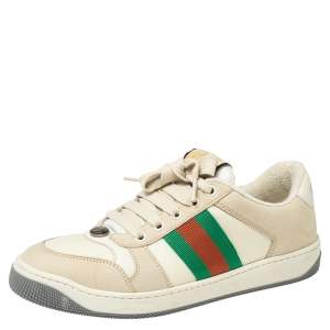 مملوكة مسبقًا Gucci Beige Leather and Nubuck Leather Screener Low Top Sneakers Size 37