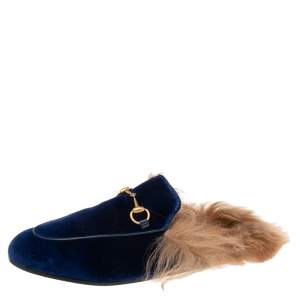 Pre Owned Gucci Royal Blue Velvet and Fur Lined Horsebit Princetown Mule Sandals Size 39
