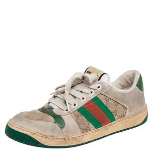 مملوكة مسبقًا Gucci Beige/Grey GG Canvas and Nubuck Leather Lace Up Sneakers Size 38.5