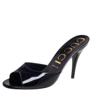 Pre Owned Gucci  Black Patent Leather Peep Toe Mules Size 39.5 