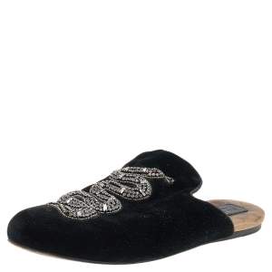 Pre Owned Gucci Black Velvet Snake Embroidered Mules Size 39