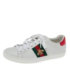 مملوكة مسبقًا Gucci White Leather Embroidered Bee Ace Low Top Sneakers Size 37