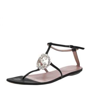 Pre Owned Gucci Black Satin GG Interlocking Crystal Embellished Ankle Strap Flat Sandals Size 40