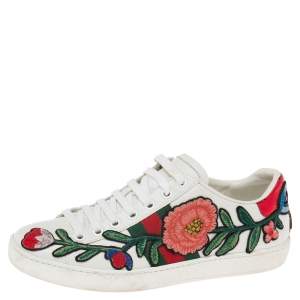 Gucci White Floral Embroidered Leather Ace Low-Top Sneakers Size 35
