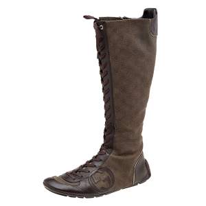 Pre Owned Gucci Brown Leather And GG Canvas Knee High Lace Up Boots Size 39.5