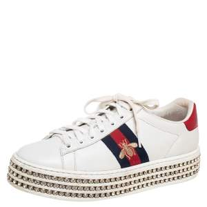 مملوكة مسبقًا Gucci White Leather And Bee Web Detail New Ace Crystal Embellished Platform Sneakers Size 37