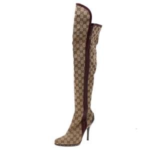 Pre Owned Gucci Beige/Burgundy GG Canvas And Leather Thigh High Boots Size 38
