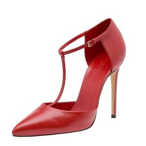 Pre Owned Gucci Red Leather Pointed Toe T-Strap Pumps Size 40