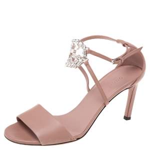 Gucci Dusty Pink Leather Crystal Embellished Interlocking G Sandals Size 37.5