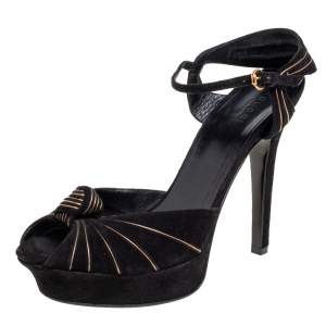 Gucci Black/Gold Suede Kelly Knot Ankle-Strap Platform Sandals Size 40
