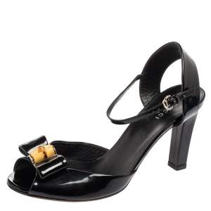 Gucci Black Patent Leather Bamboo Bow Peep-Toe Ankle-Strap Sandals Size 37.5 
