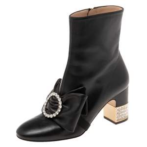 Pre Owned Gucci Black Leather Bow Ankle Boots Size 37