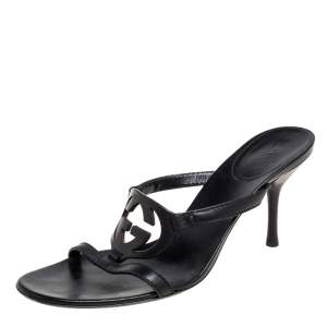 Pre Owned Gucci Black Leather GG Interlocking Slide Sandals Size 39.5