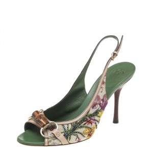 مملوكة مسبقًا Gucci Multicolor Floral Print Canvas Horsebit Embellished Slingback Sandals Size 41