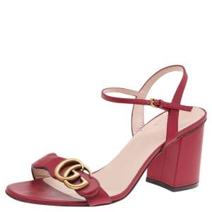 Pre Owned Gucci Red Leather GG Block Heel Ankle Strap Sandals Size 39