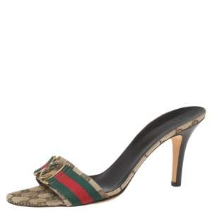 Pre Owned Gucci Beige Canvas Guccissima Web Detail Hysteria Slides Size 40