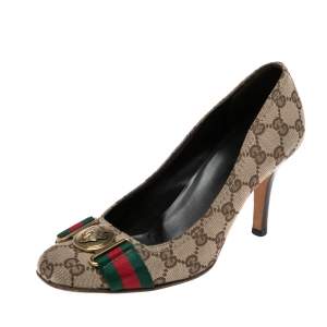 Pre Owned Gucci Beige GG Canvas Horsebit Round Toe Pumps Size 37.5