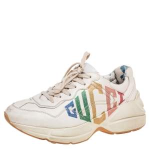 Gucci Cream Leather Rhyton Glitter Logo Sneakers Size 36.5