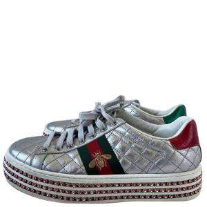 Pre Owned Gucci Silver Leather Bee Web  Ace Crystal Embellished Platform Sneakers EU 37
