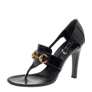Gucci Black Patent Horsebit Thong Sandals Size 36