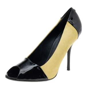 Gucci Black/Yellow Patent Leather And Suede Peep Toe Pumps Size 38.5