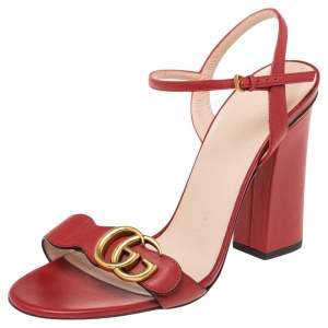 Pre Owned Gucci Red Leather GG Marmont Ankle Strap Block Heel Sandals Size 38.5