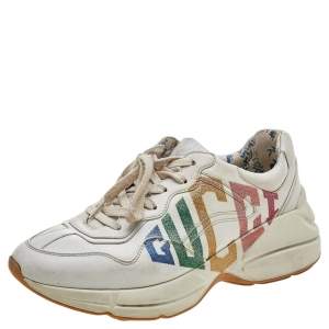 مملوكة مسبقًا Gucci Beige Leather Glitter Rhyton Lace Up Sneakers Size 38