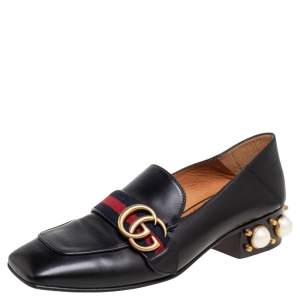 مملوكة مسبقًا حذاء لوفرز كعب عالي غوتشي كولابسبل جي جي مارم�ونت لؤلؤ جلد أسود مقاس 37