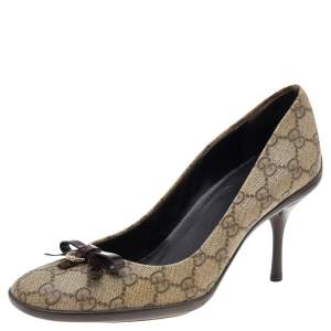 مملوكة مسبقًا Gucci Beige GG Coated Canvas Bow Pumps Size 38