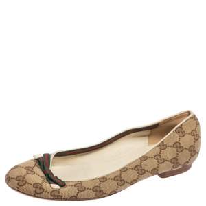 Pre Owned Gucci Beige/Brown GG Canvas Web Bow Ballet Flats Size 39