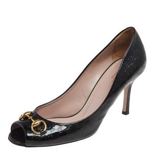 Pre Owned Gucci Black Guccissima Patent Leather Horsebit Peep Toe Pumps Size 39.5