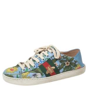 Gucci Blue Canvas Flower Print  And Leather Ace  Sneakers Size 36
