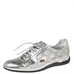 Gucci Silver Guccissima Leather Low Top Sneakers  Size 38