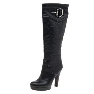 Pre Owned Gucci Black Guccissima Leather Knee Length Boots Size 38